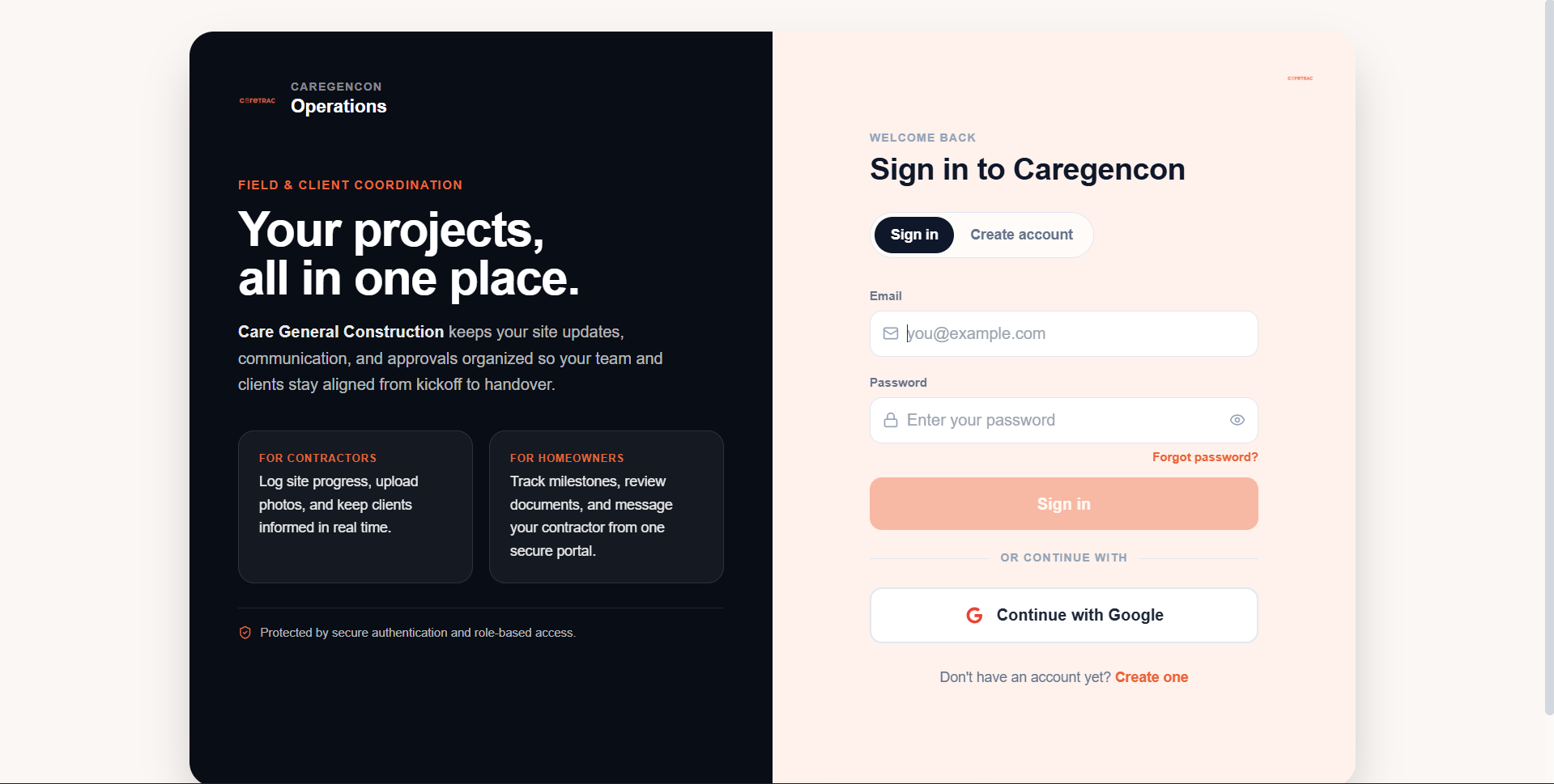 CareTRAC sign-in screen, built for Care General Construction